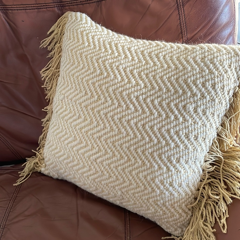 Cream and Gold Woven Pillow with Fringe